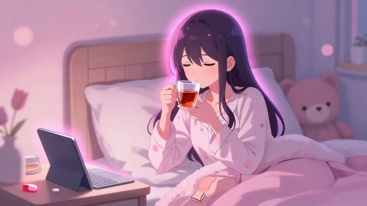 Teen in pajamas drinking tea, calm as acetaminophen eases her headache.