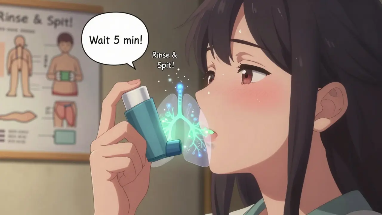 Woman using inhaler with spacer, medicine particles entering lungs in anime-style visualization.
