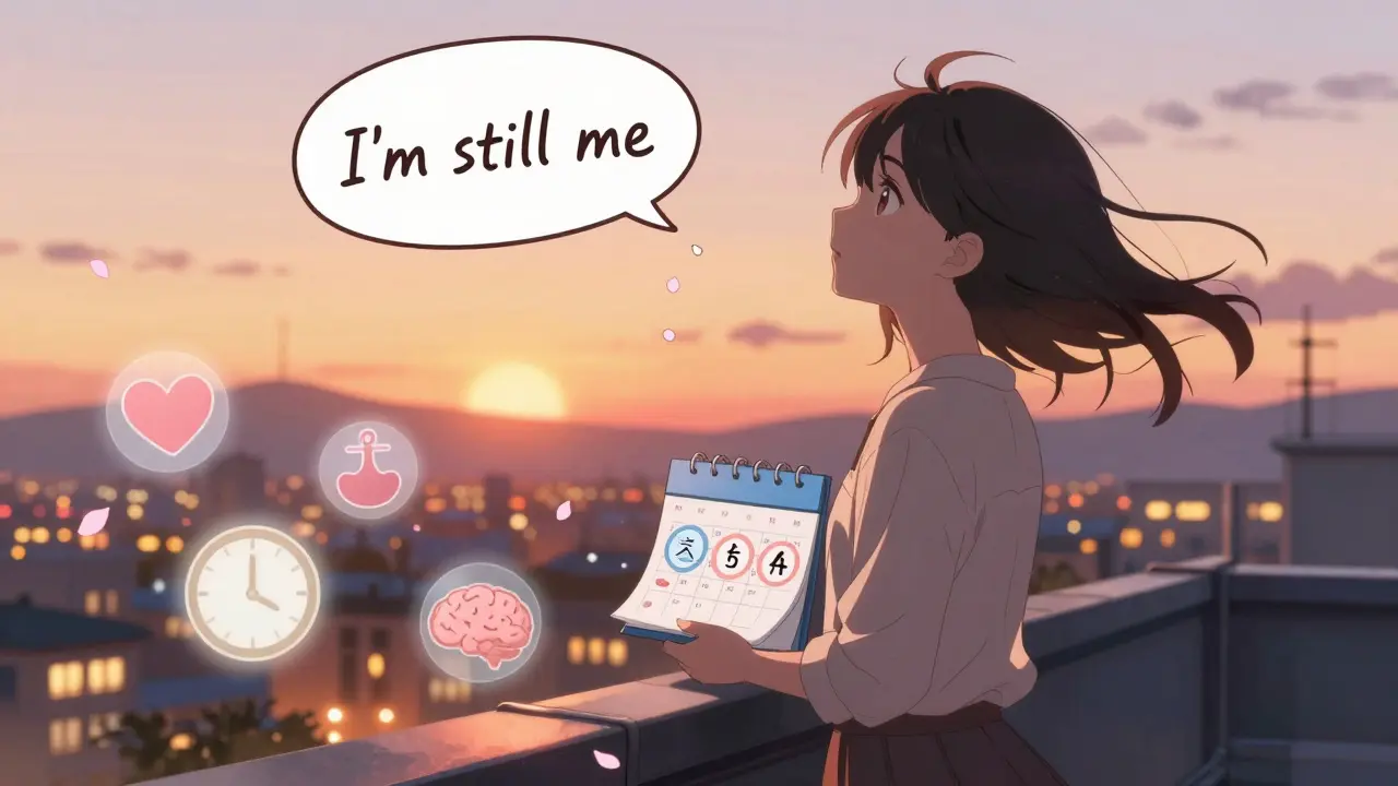 A girl stands on a rooftop at sunset, holding a calendar with circled health rituals, floating icons of heart, clock, and brain around her.