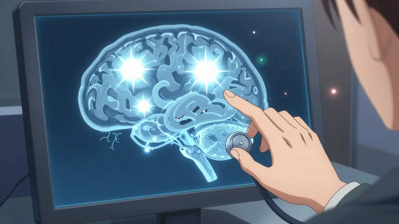 A glowing brain MRI with three bright lesions, illuminated by soft light, symbolizing early PML detection.