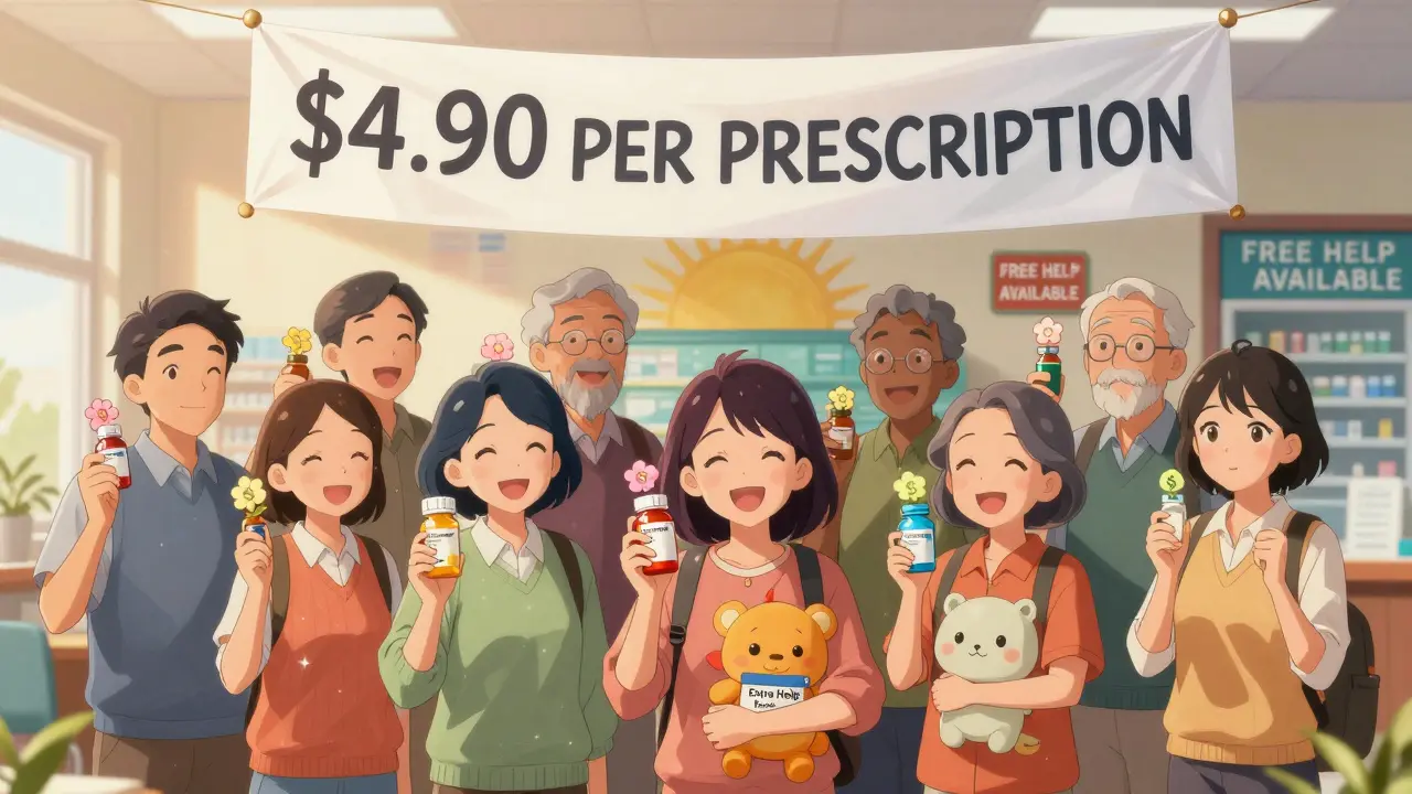 A group of seniors celebrate as their prescription costs turn into flowers under a banner saying '.90 per prescription'.