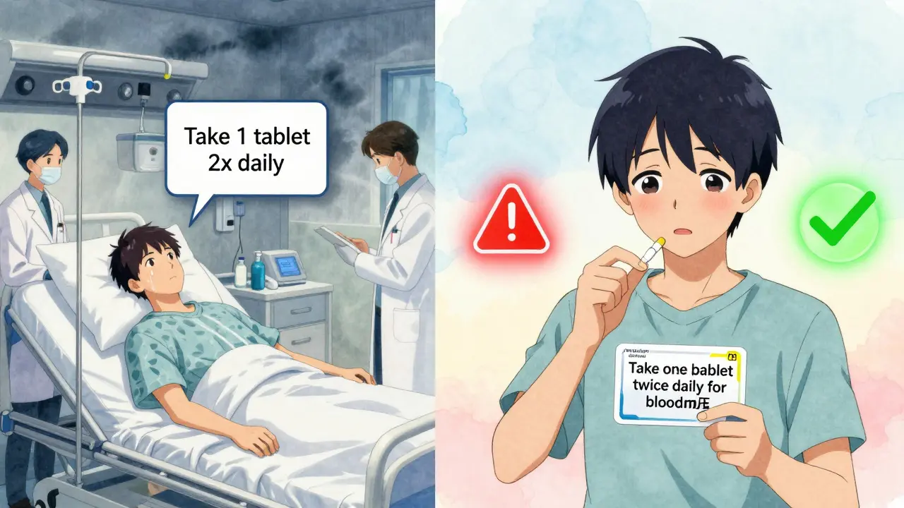 A man in an ER is shown beside his calm self at home, comparing confusing and clear medication labels.