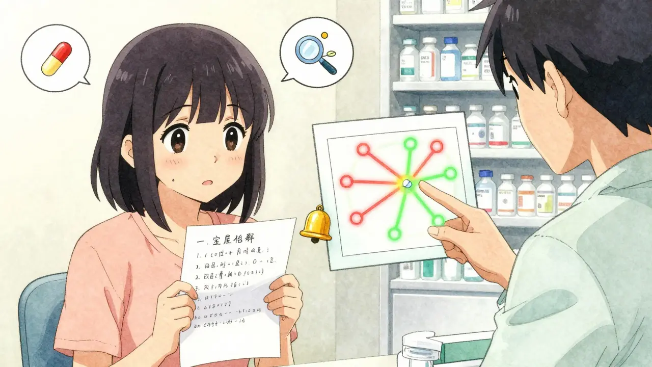 A patient shows a handwritten medication list to a pharmacist, with glowing drug interaction lines on a tablet in the background.