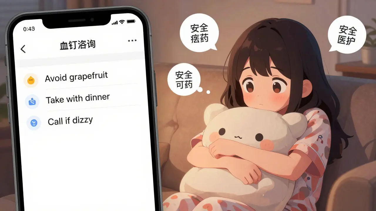 A person checks clear counseling notes on their phone at home, feeling relieved and safe.