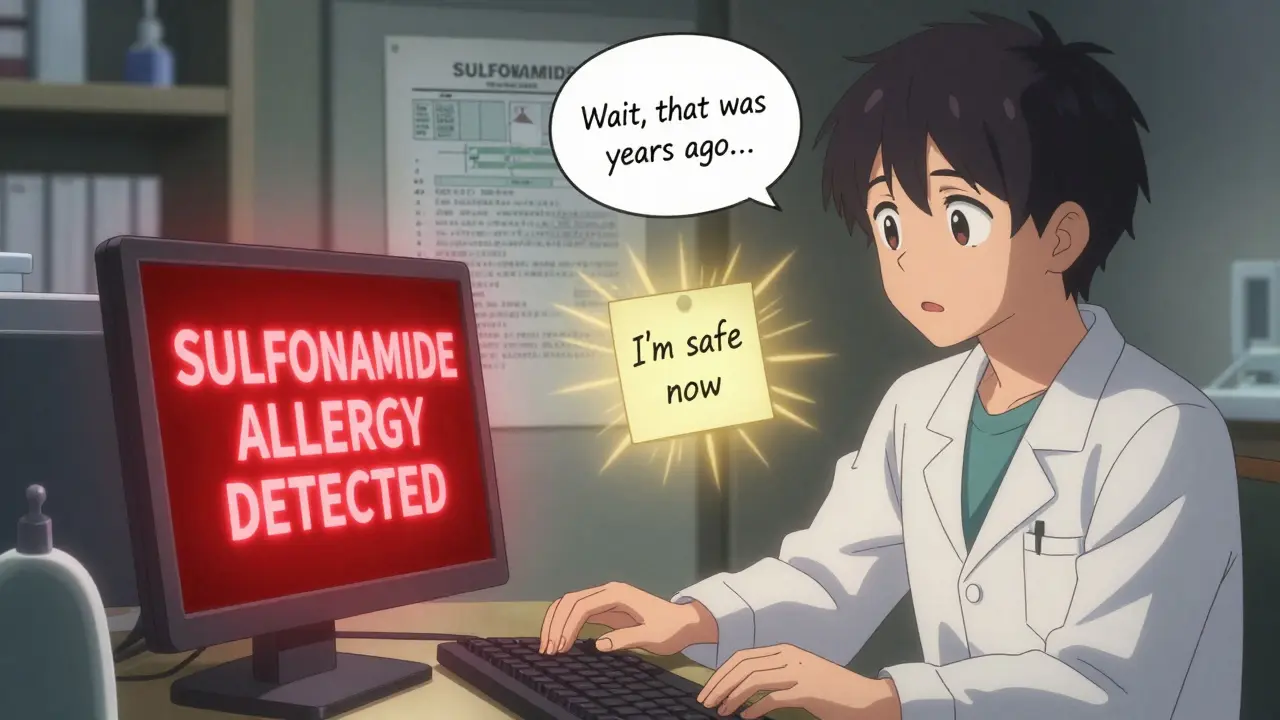 A pharmacist pauses as an alert flashes, while a patient remembers an outdated allergy, bathed in hopeful golden light.