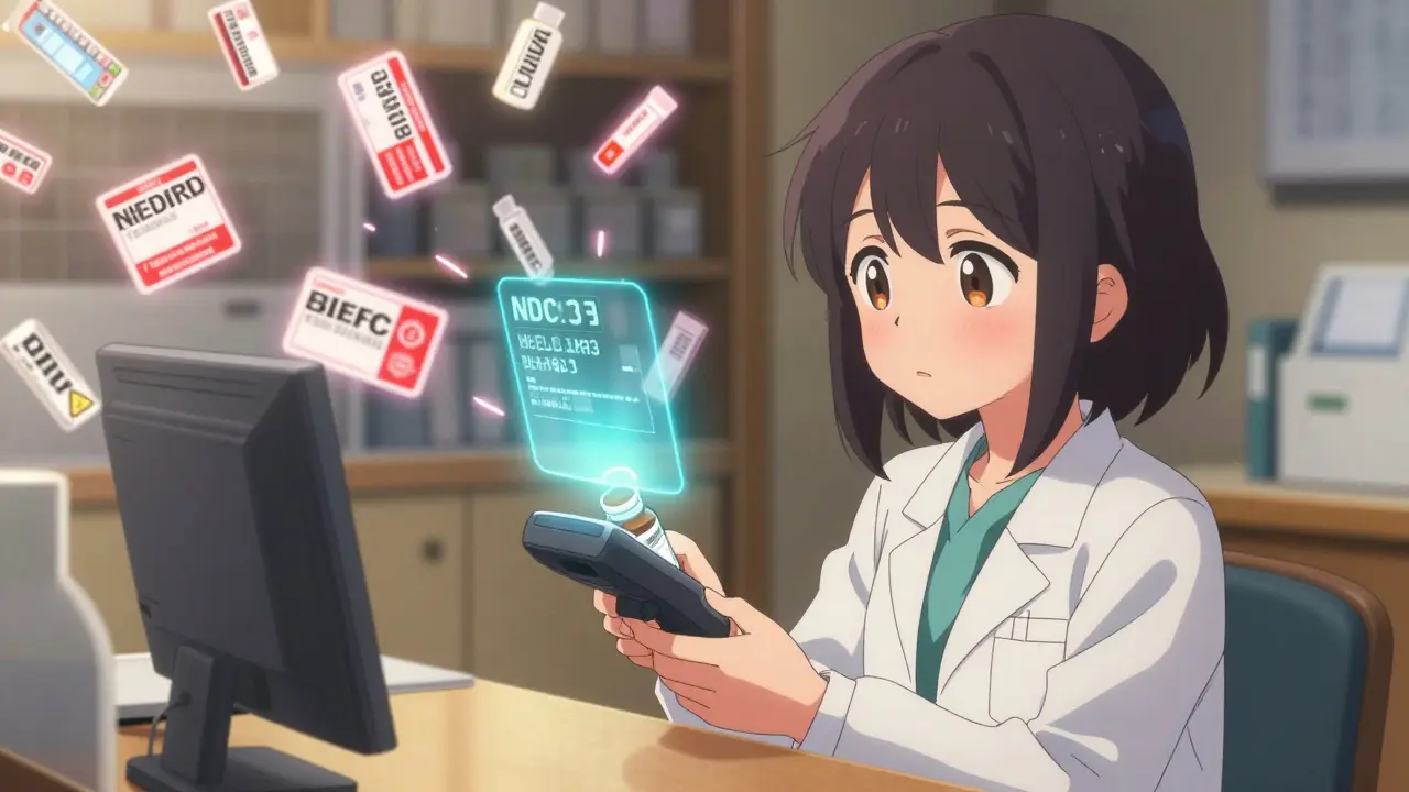 A pharmacist scans a pill bottle as a holographic NDC code reveals the manufacturer, surrounded by swirling generic drug labels.