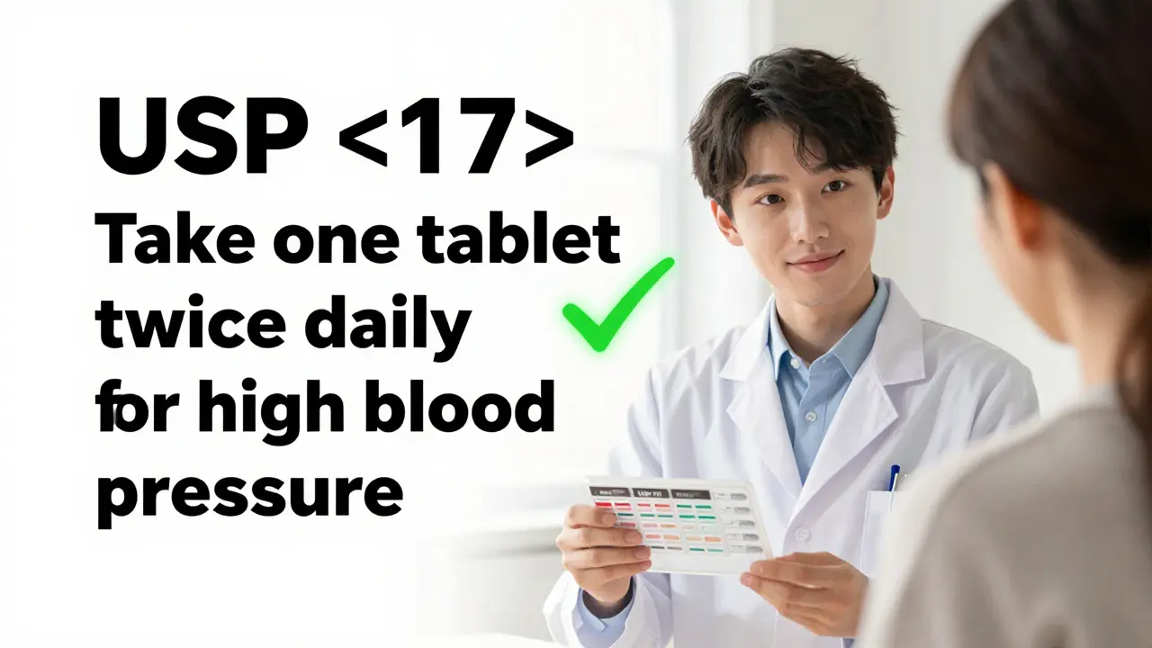 A pharmacist shows a patient a clear, standardized prescription label with easy-to-read text and spacing.