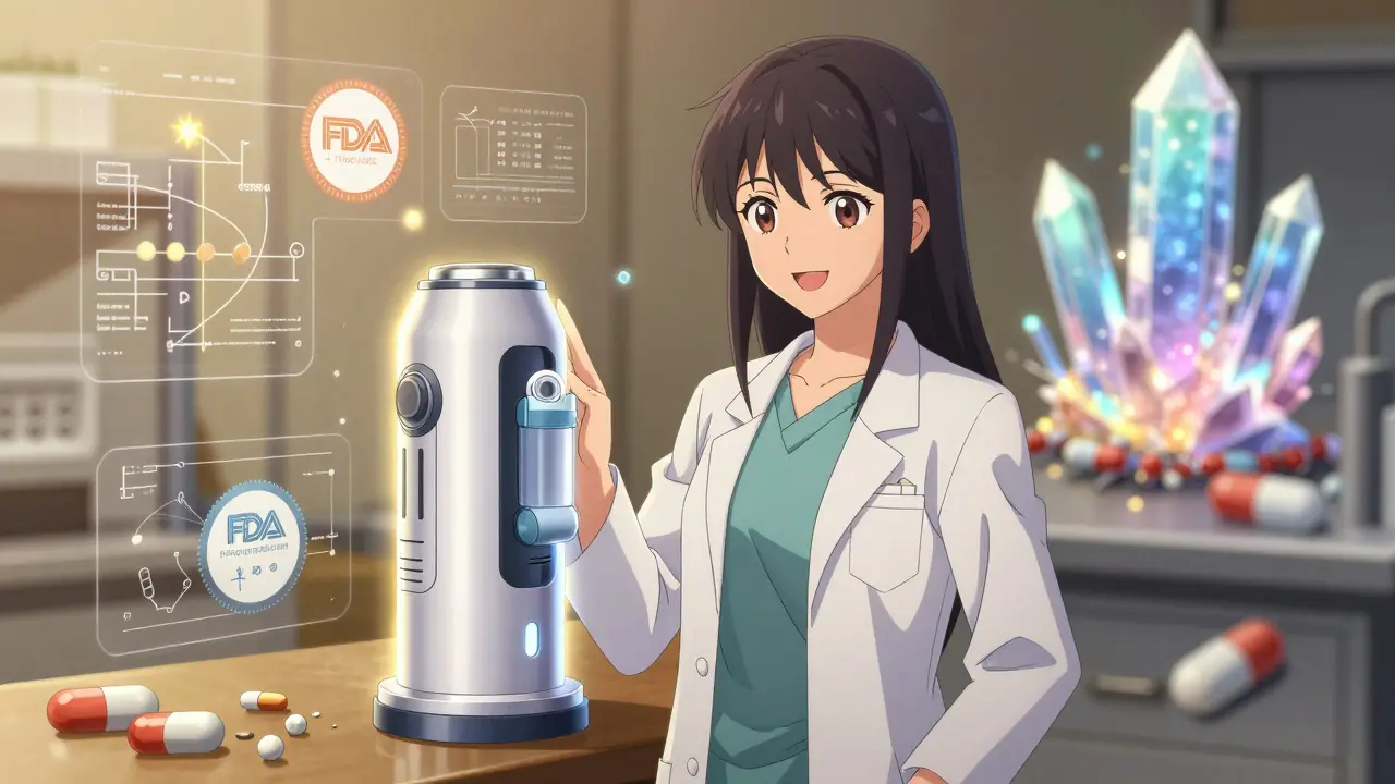 A scientist stands beside a high-tech inhaler, with advanced drug tech floating around her.