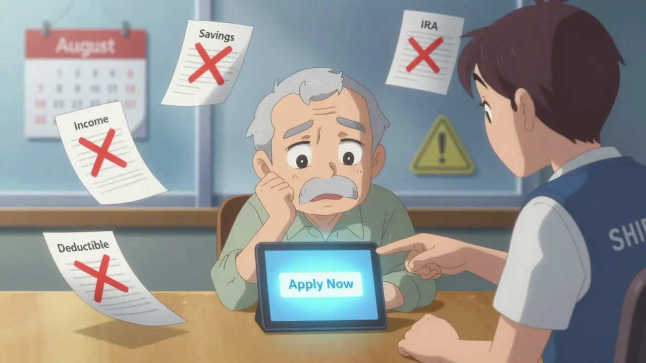 A senior sits at a table with financial documents, being guided by a counselor toward an 'Apply Now' button.