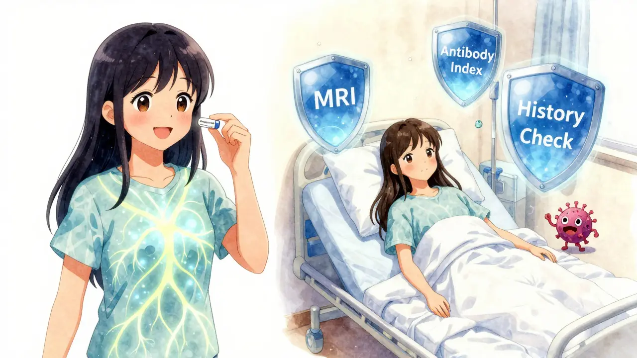 A split scene of a girl taking medication safely, protected by medical monitoring tools like MRI and antibody checks.
