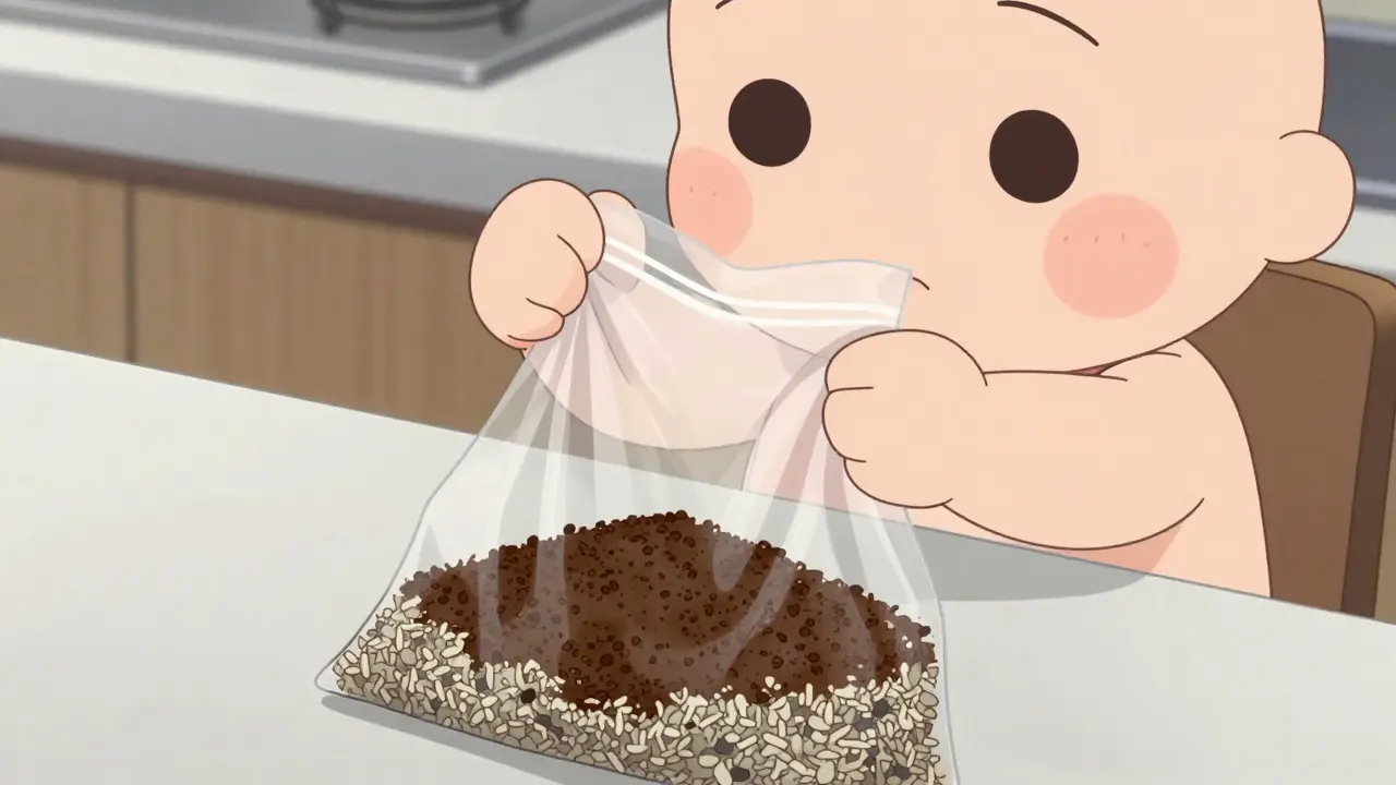 Character mixing expired meds with coffee grounds safely