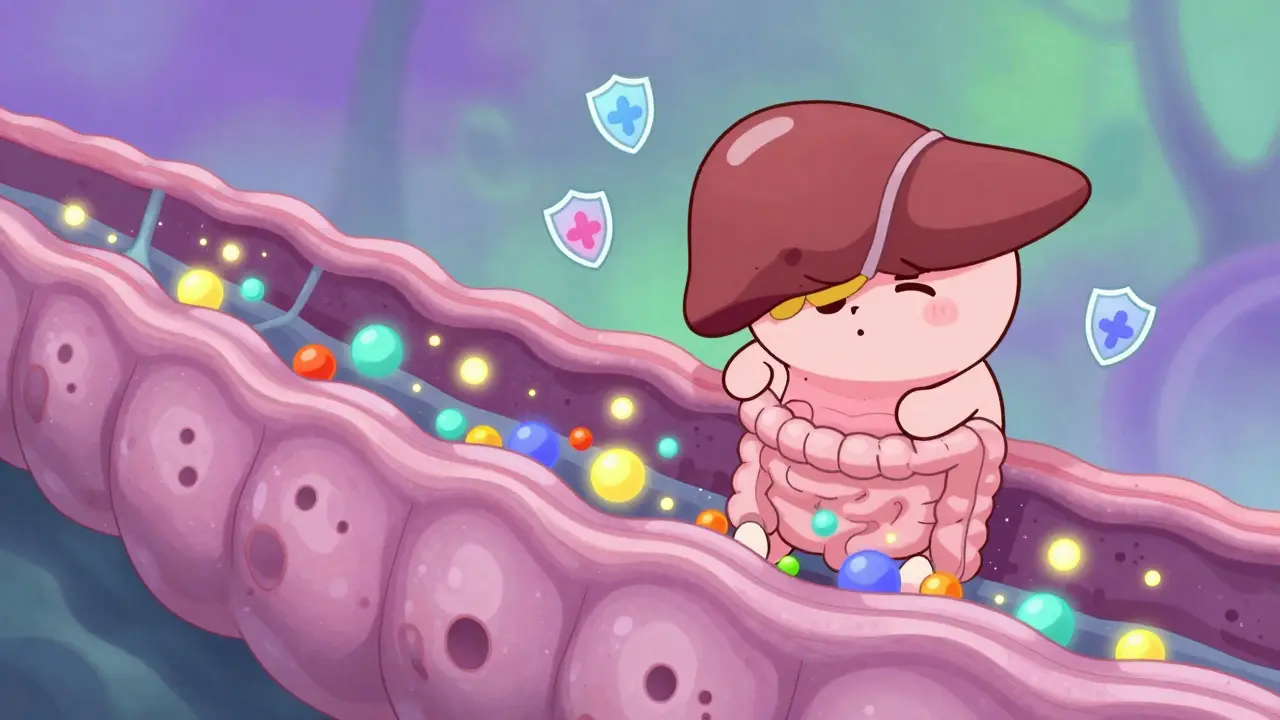 Cute liver character filtering particles through porous gut barrier illustration.