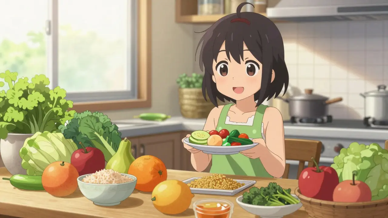 Happy anime character holding healthy whole foods in bright kitchen.