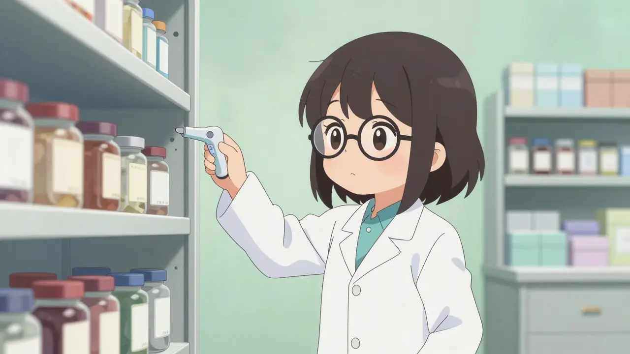 Moe style pharmacist checking temperature in storage cupboard.