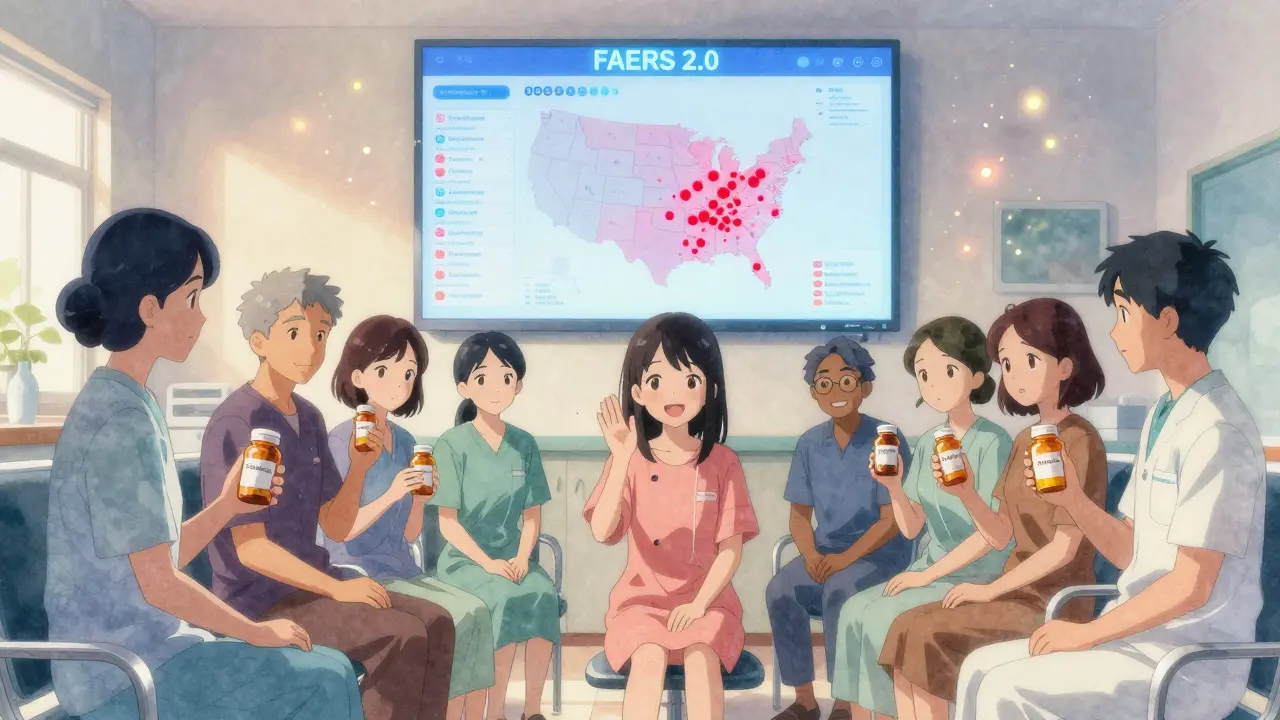 Patients in a clinic hold generic drug bottles while a glowing FAERS 2.0 dashboard maps adverse events above them.