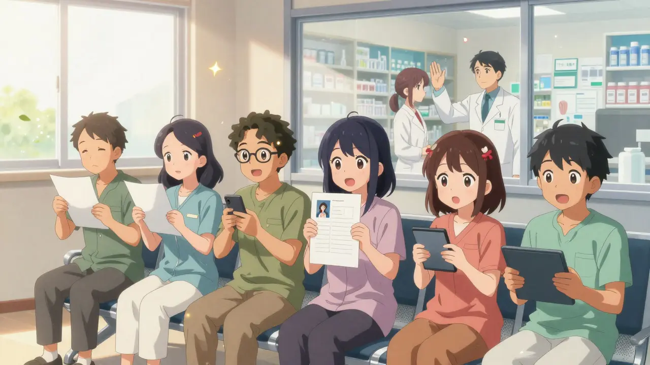 Patients in a pharmacy hold their medication counseling documents, smiling with confidence.