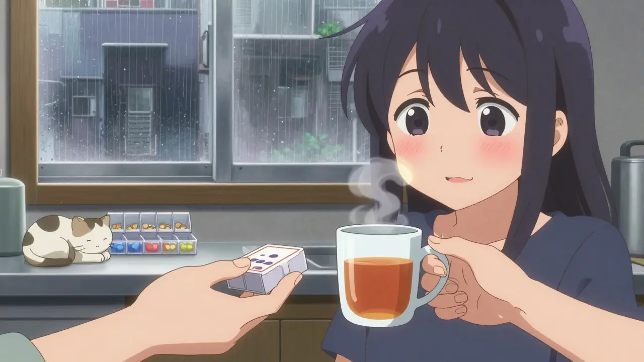 Two hands exchange a pillbox and tea mug across a kitchen counter, rain outside, a cat sleeps beside a labeled organizer.