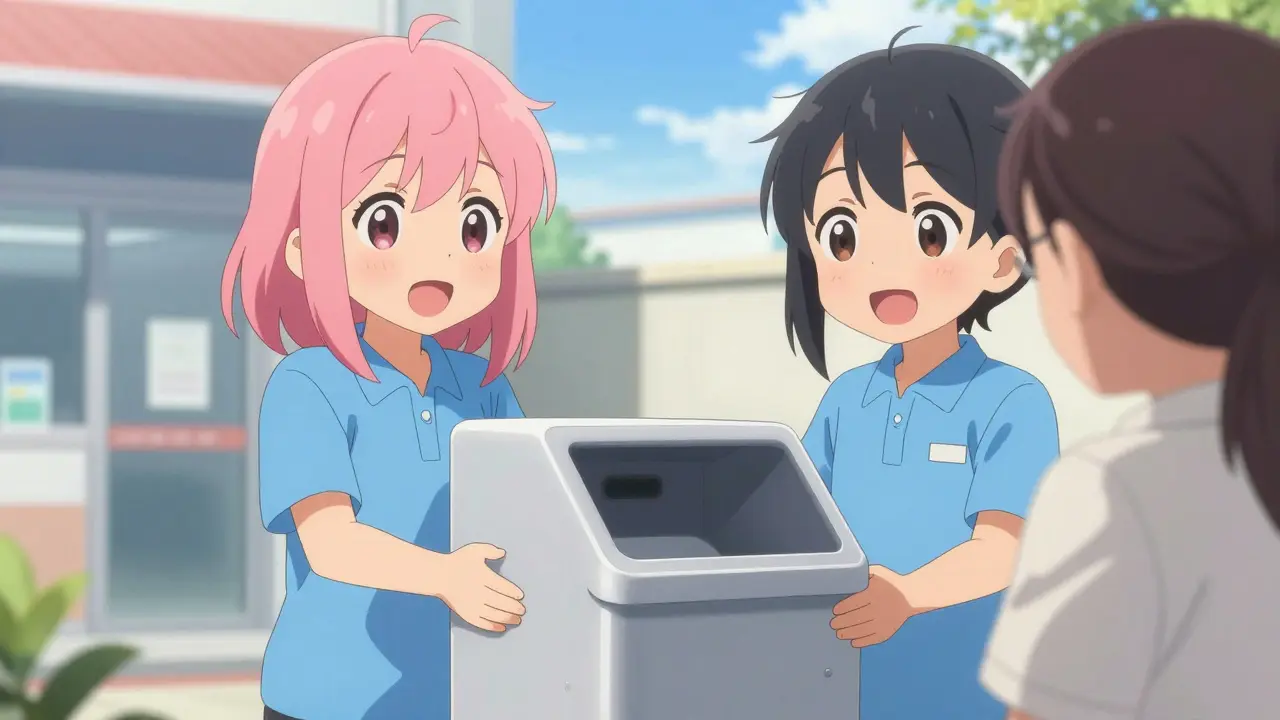 Volunteers guiding safe medication disposal outside pharmacy.