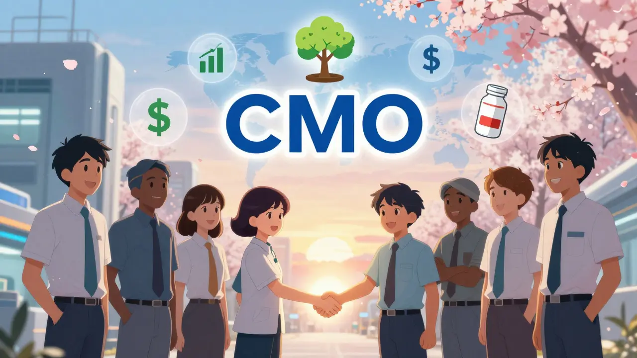 Workers from different companies shake hands in a modern lab, symbolizing partnership and growth.