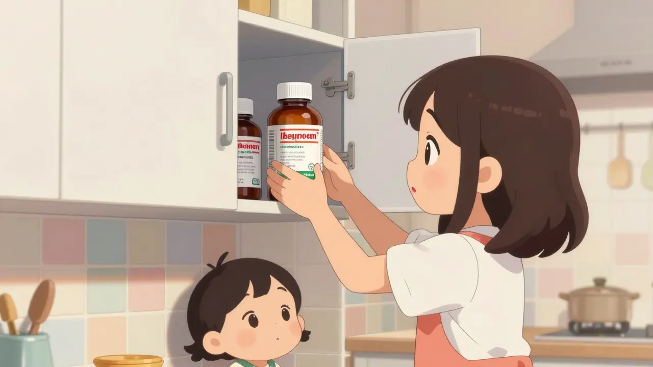 A caring anime girl storing medicine in a high kitchen cabinet for safety.
