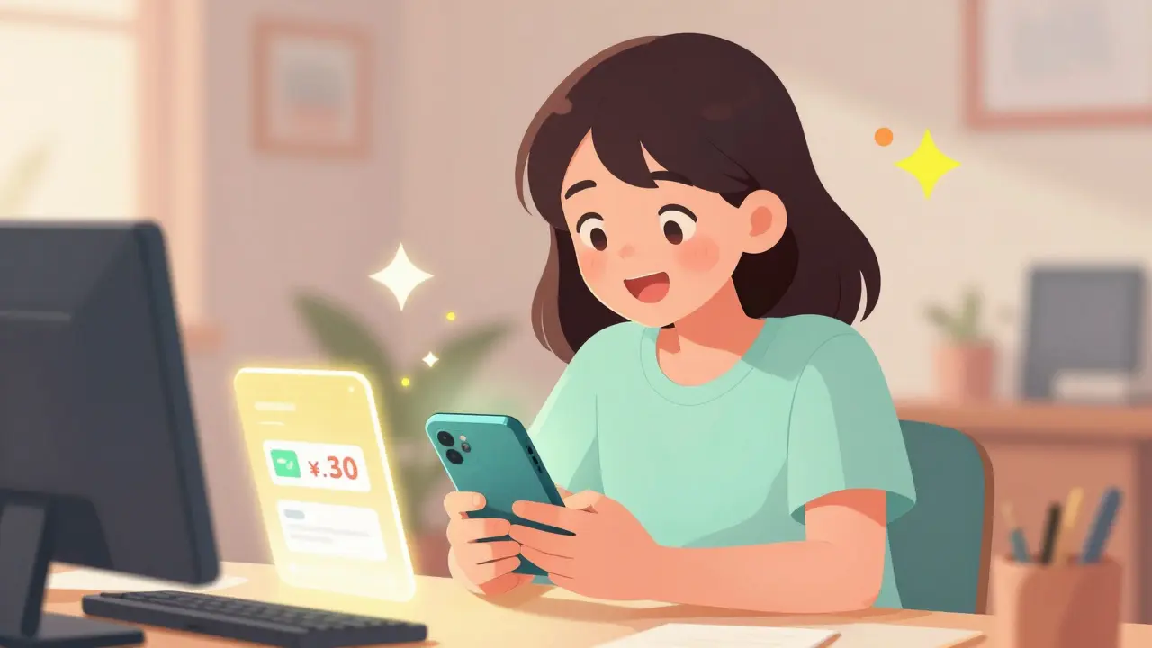 A cheerful anime girl using a smartphone to find medicine discounts.