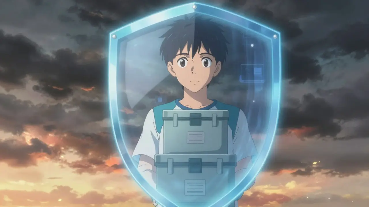 Anime character standing safely behind glowing shield protecting medical supplies.
