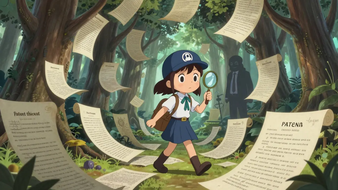 Anime detective girl navigating a surreal forest made of overlapping legal patent scrolls.