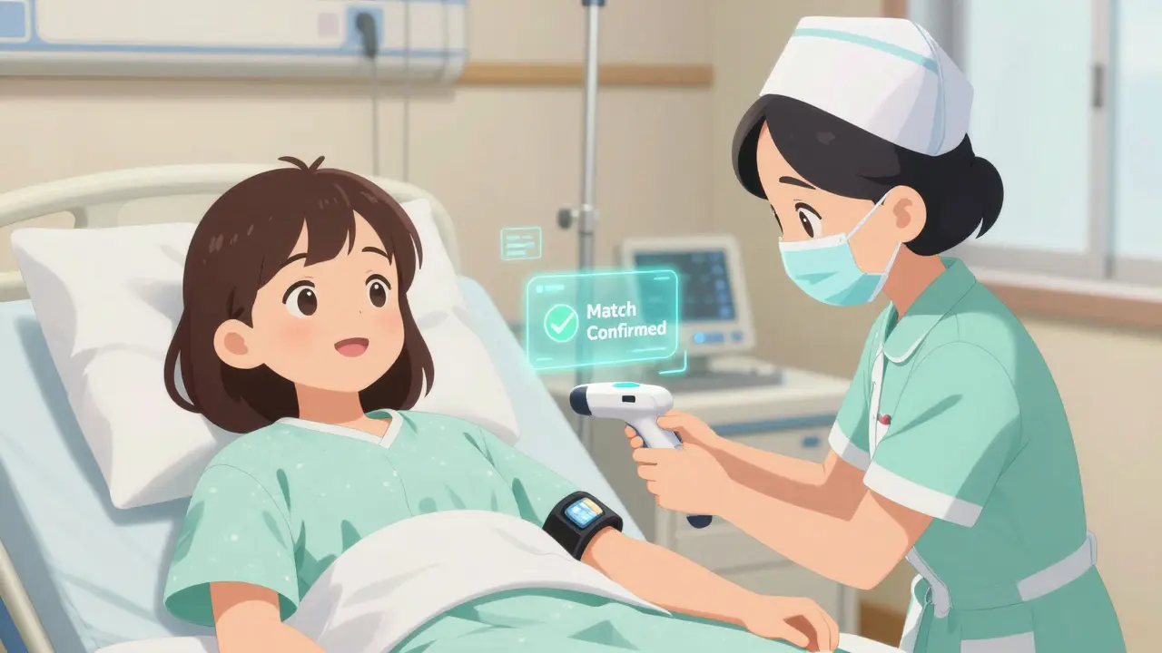 Anime nurse scanning a patient's wristband with a barcode scanner for safety