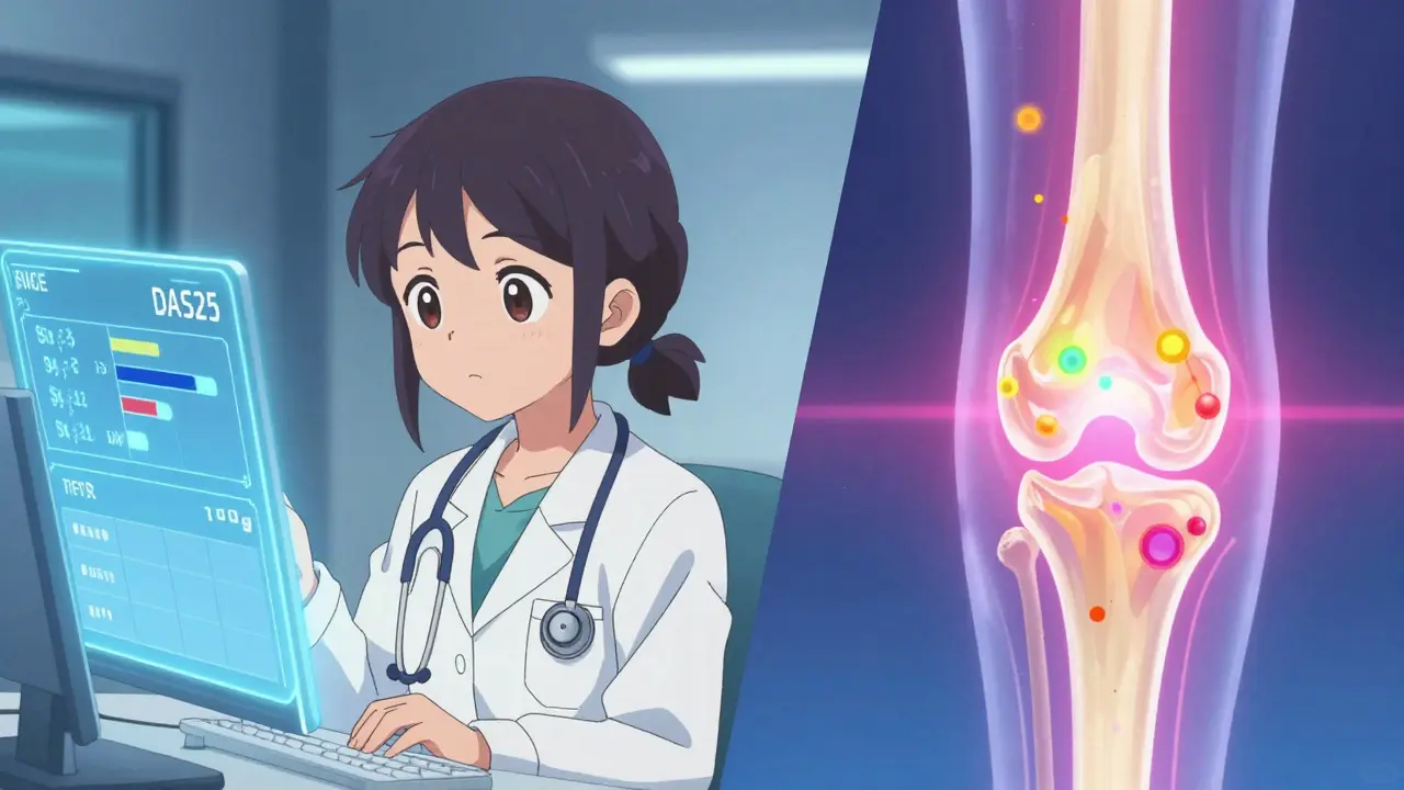 Anime style doctor reviewing blood test results and joint inflammation data