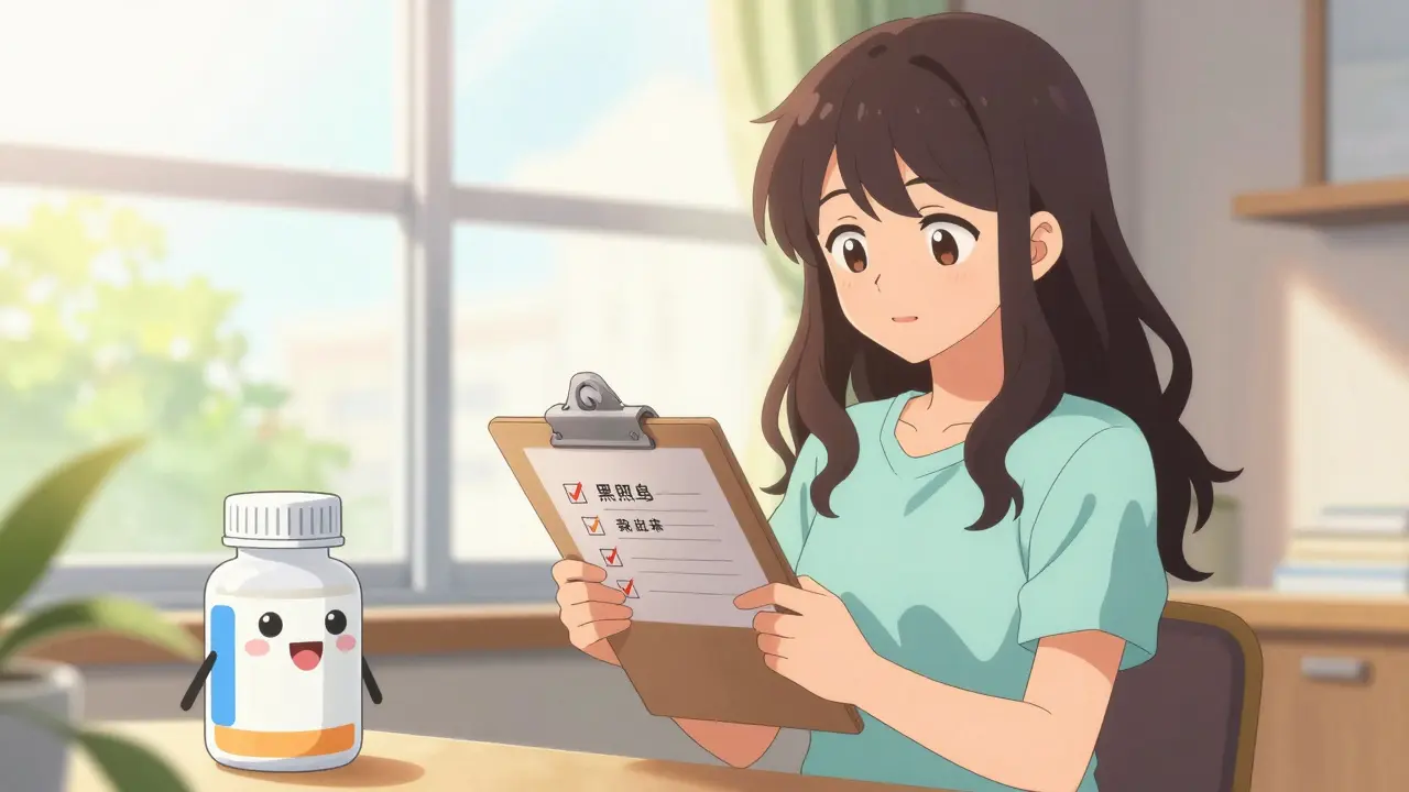 Cheerful anime girl checking off a safety list with a cute personified medicine bottle