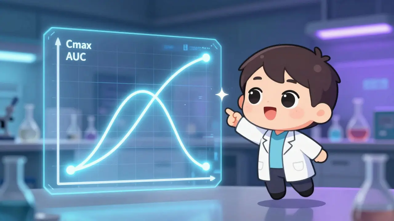 Chibi scientist showing a holographic graph of drug bioequivalence.
