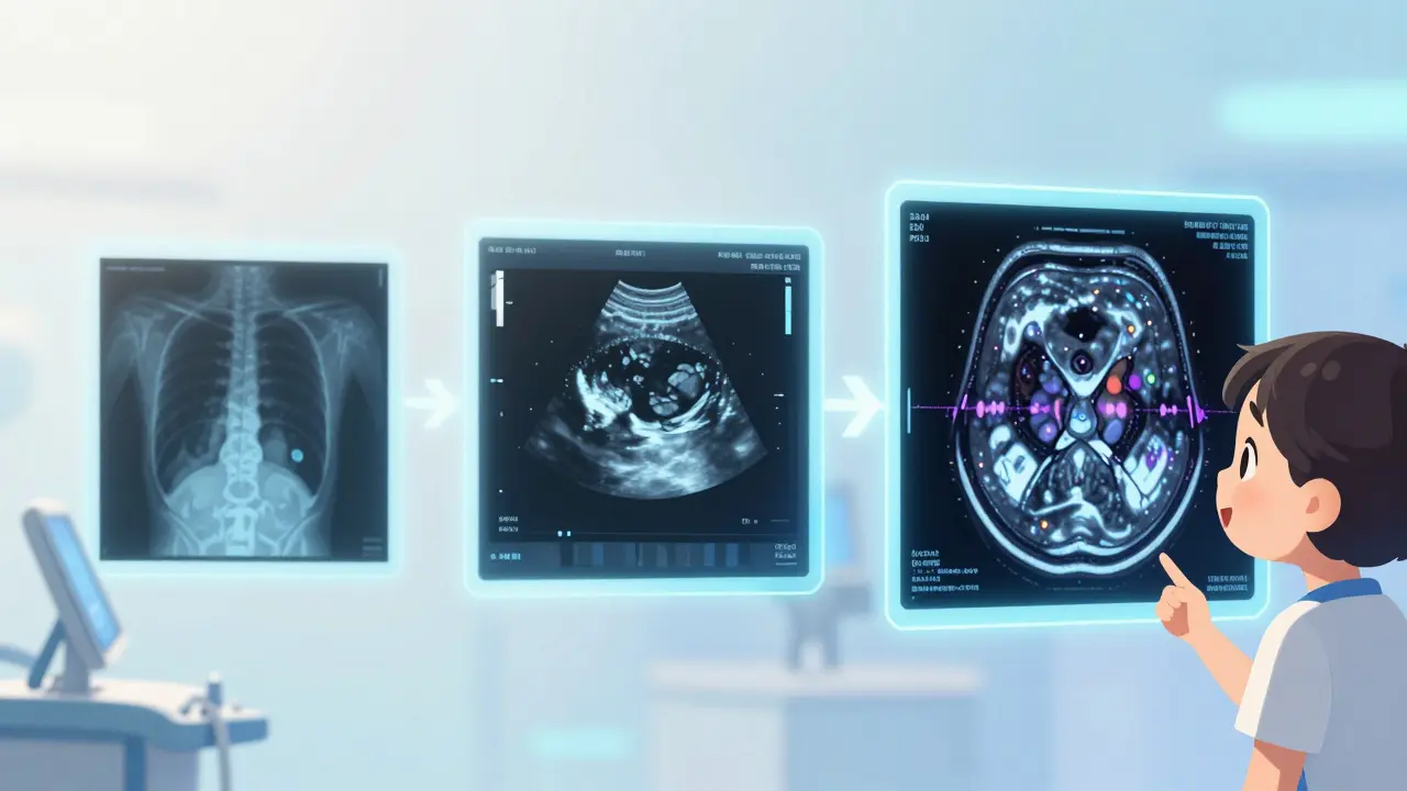 Cute anime patient viewing holographic X-ray, ultrasound, and MRI scans