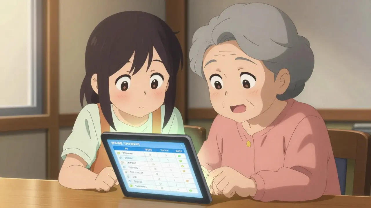 Elderly woman and granddaughter reviewing healthcare plans on a tablet in anime style