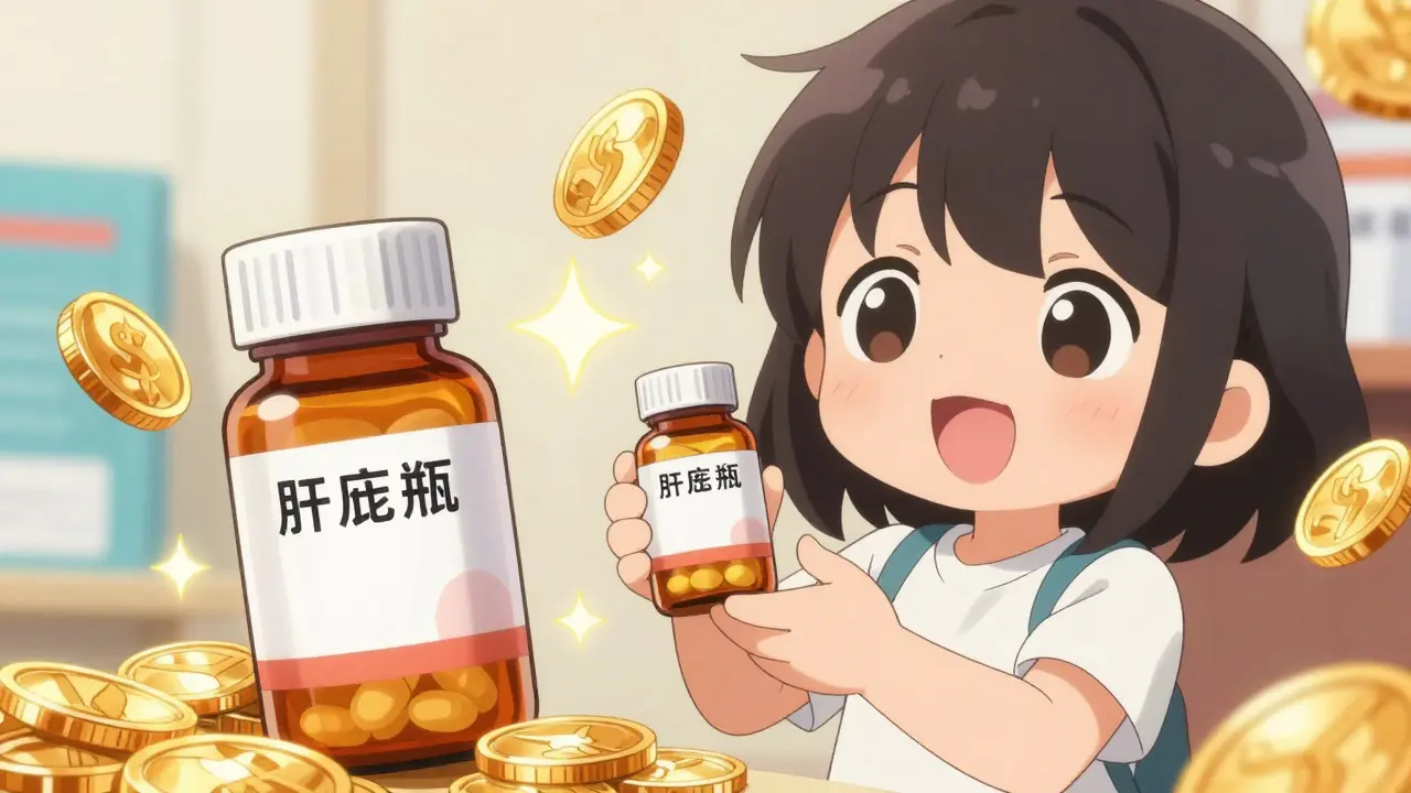 Illustration of character comparing medicine bottles with floating gold coins.