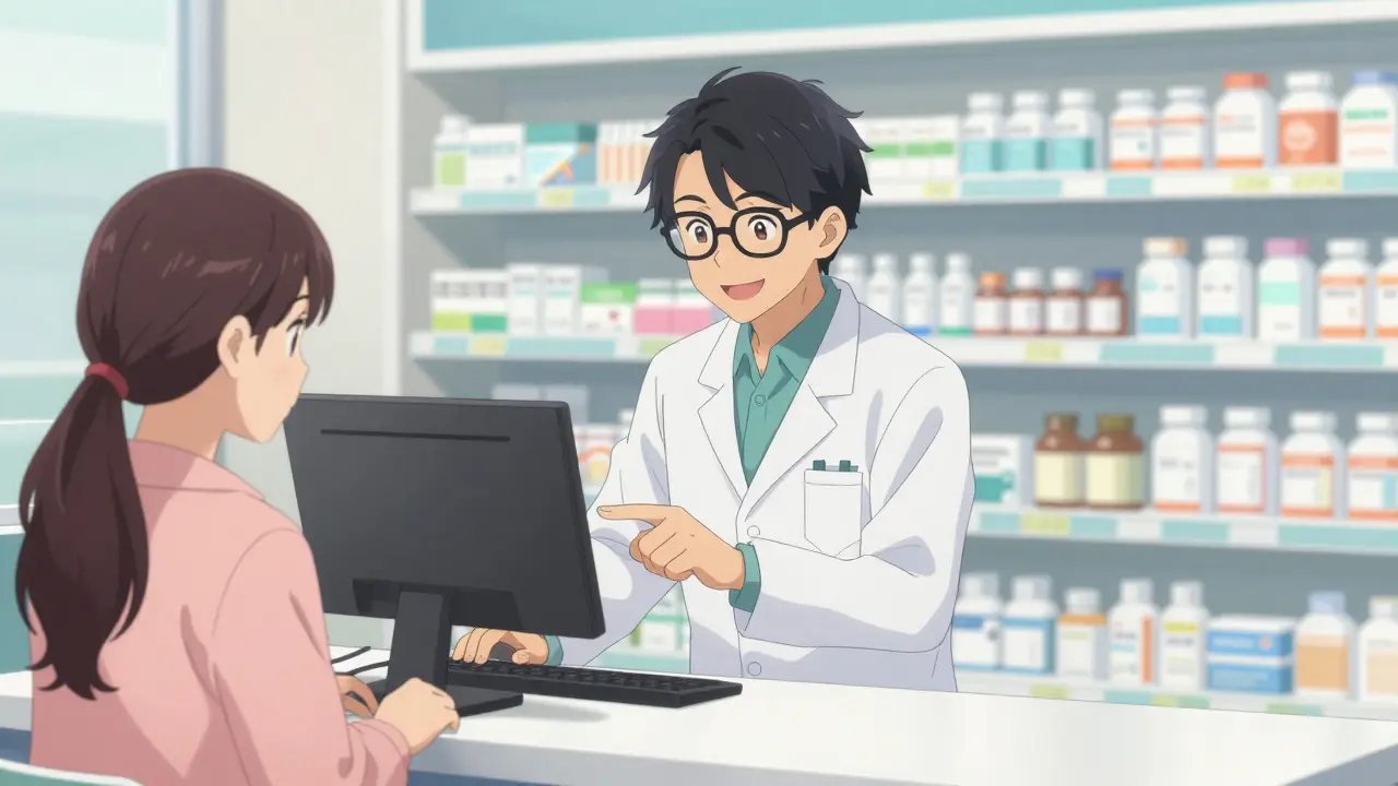 Kind pharmacist explaining medication ingredients to a young woman in a bright pharmacy