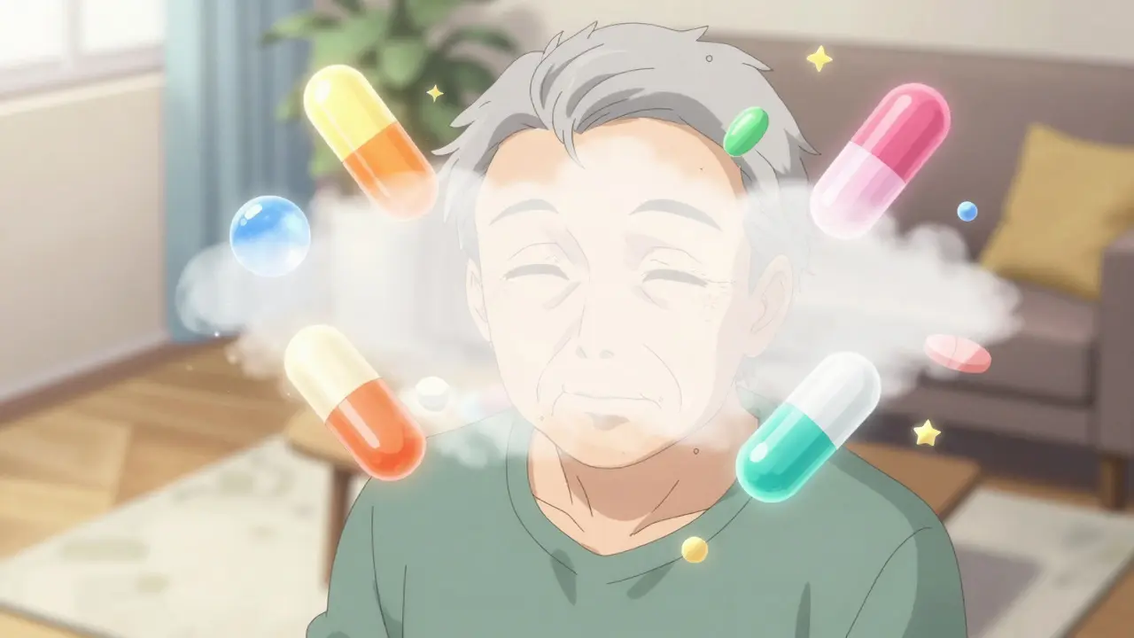Older adult surrounded by floating pills and a foggy atmosphere, moe anime style