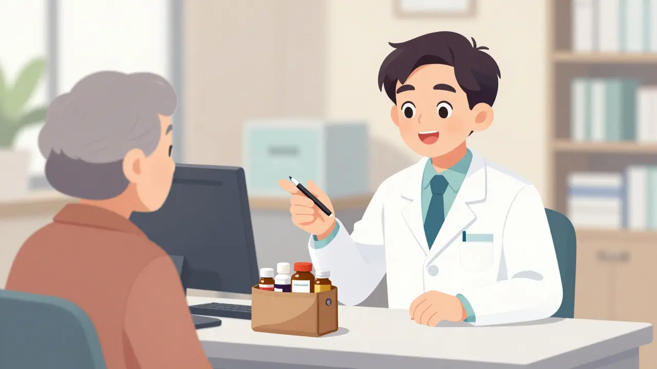 Pharmacist and senior patient reviewing medications from a brown bag, moe anime style