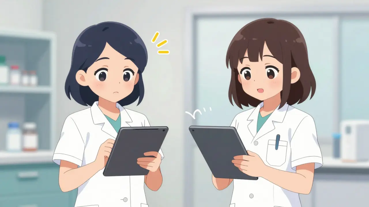 Two anime nurses independently verifying medication doses using tablets