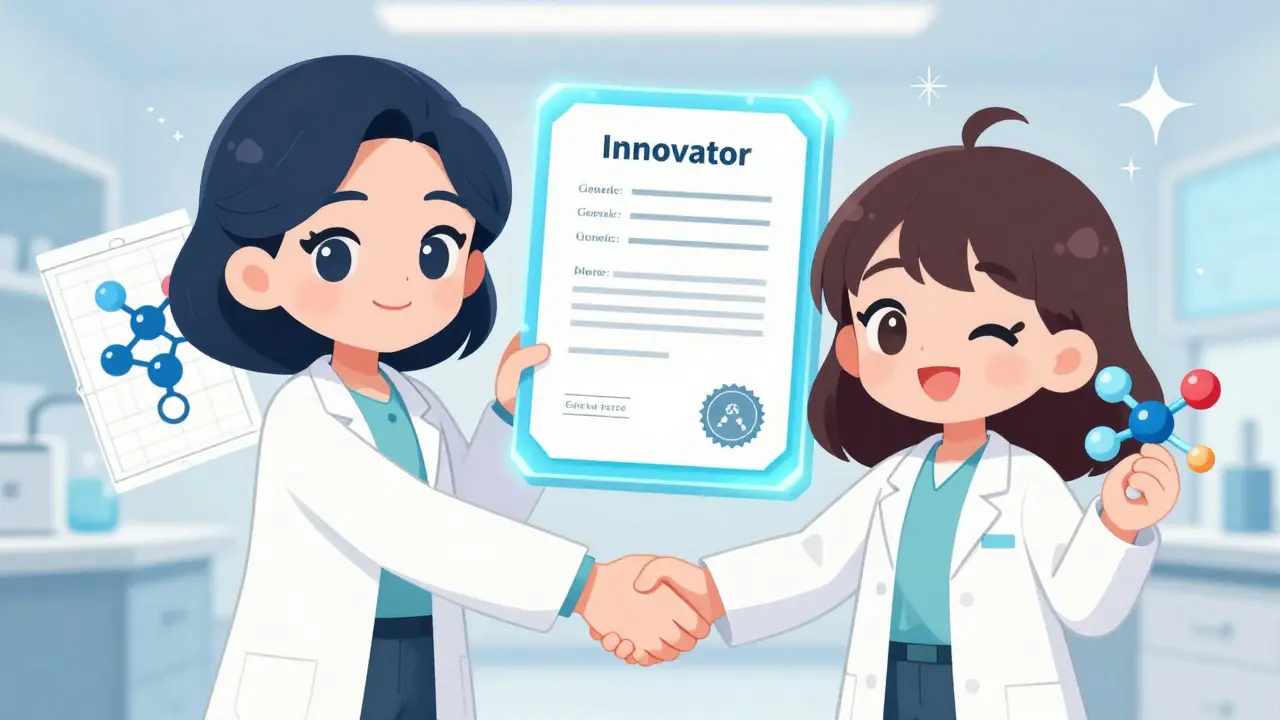 Two cute anime scientists shaking hands over a legal agreement for drug development.