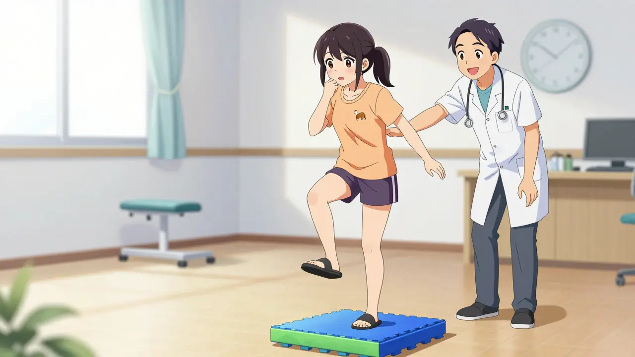 Woman practicing balance and cognitive exercises in a bright rehabilitation clinic