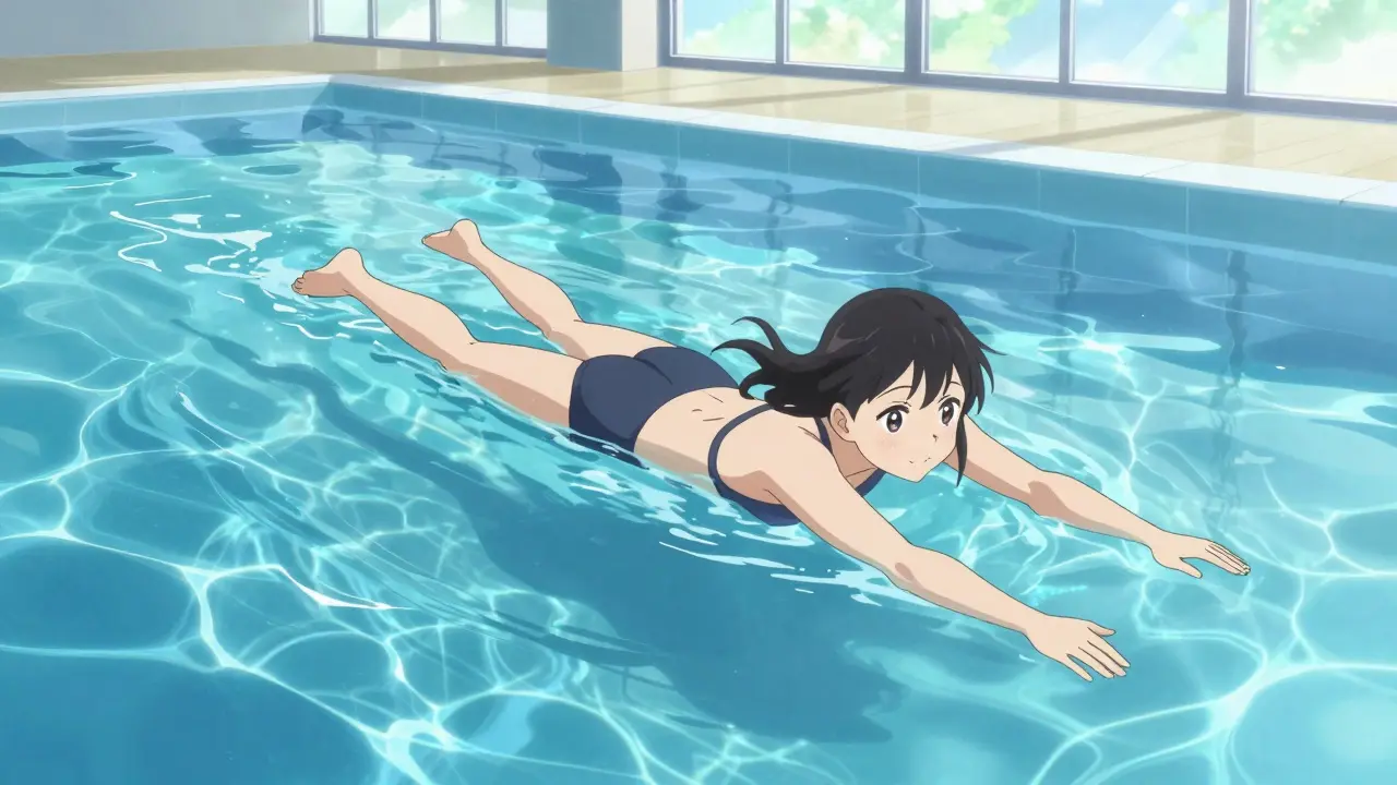 Woman practicing coordinated movements while swimming in a sunlit indoor pool